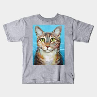 Striped Cat Blue Background Kids T-Shirt